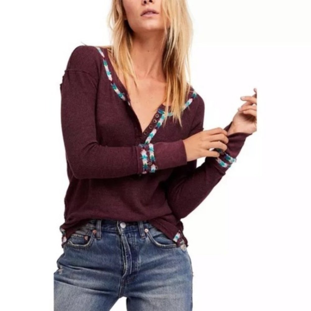 *final markdown* FREE PEOPLE Rainbow Henley Wine Thermal Top